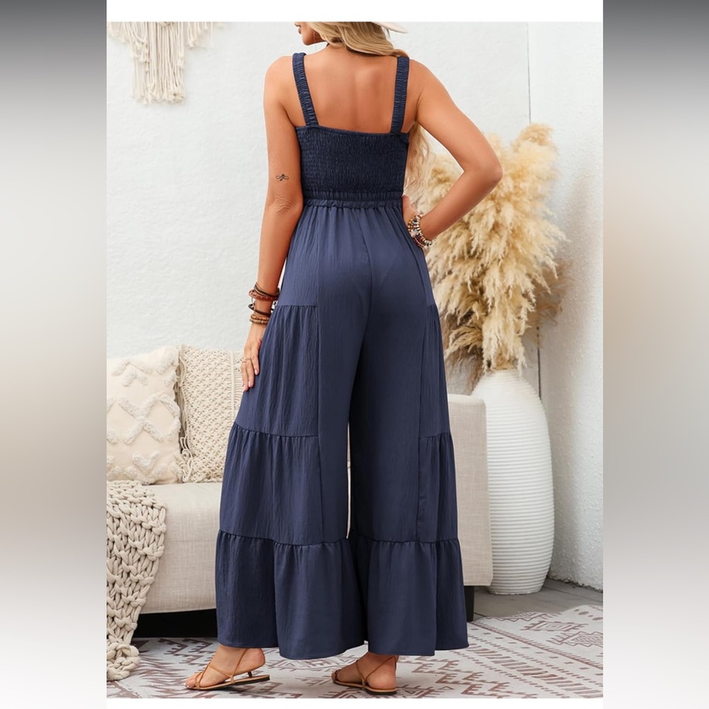 Navy Blue Sleeveless Jumpsuit/Overall with Ruffled Wide-Leg Design - Picture 3 of 7